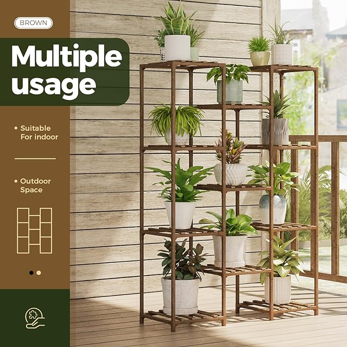 Bamworld Plant Stand Indoor Outdoor Tall Plants Shelf for Multiple Plants Pots Wood Flower Stand Large 11 Pots Plant Holder for Living Room, Patio, Balcony, Garden