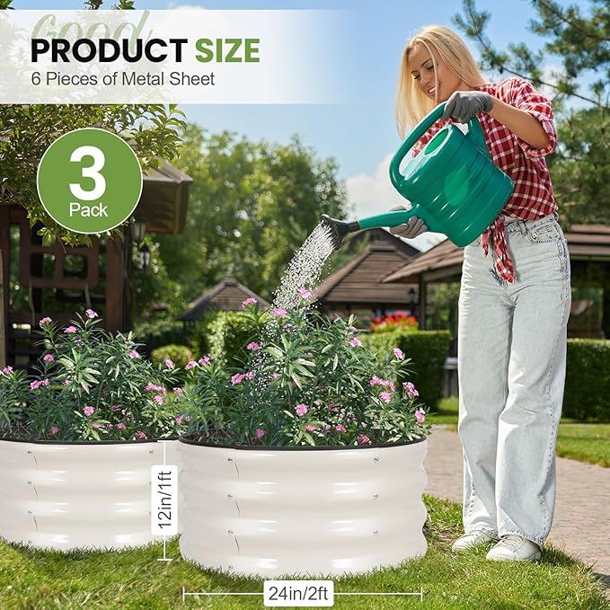 G GOOD GAIN Round Raised Garden Bed - 3Pcs 2x2x1ft Galvanized Steel Planter Boxes Outdoor with Rubber Edge Trim | Metal Raised Beds for Gardening Vegetables Flowers Fruits Herbs (White)
