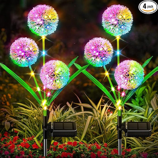4 Pack Solar Garden Lights Outdoor Decor, New Version 12 Glowing Dandelion Lights & Stems with 144 Colorful LED, 2 Modes Control Solar Lights Outdoor Waterproof IP65 for Yard, Lawn, Pathway