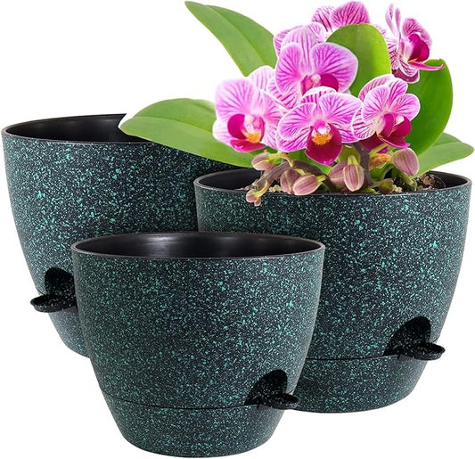 12/10/9 inch Large Self Watering Pots, Planter, Plant Pots with Mesh Drainage Holes for Indoor Outdoor Garden Plants, Plastic Flower Pots with Deep Reservoir, Black with Green Speckles