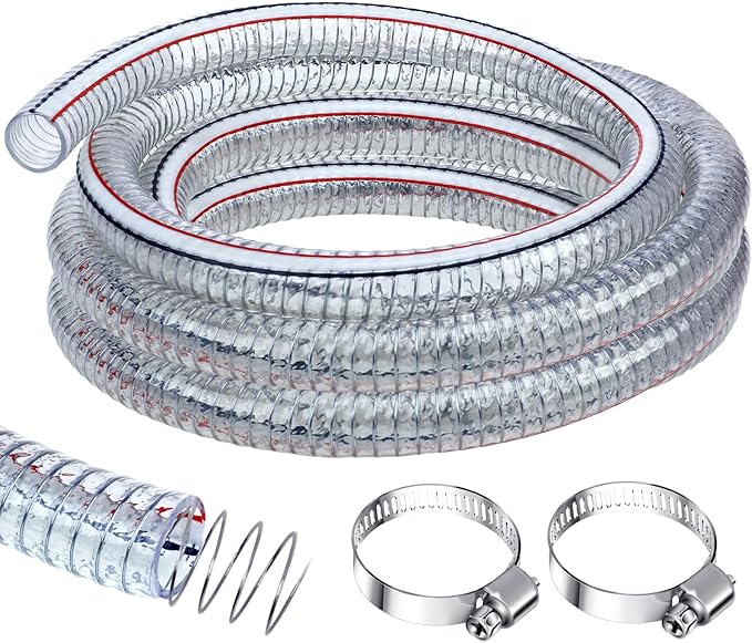 Frienda Heavy Duty Steel Wire Flexible Tubing with Fasteners PVC High Pressure Drain Hose Tube Pond Tubing Clear Wire Reinforced for Pond Bilge Pump Vacuum Suction Hose(3.3 Ft, 1 Inch Id)