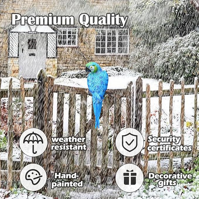 12inch Blue Parrot Tiki Bar Statue for Pool Decorations, Outdoor Parrot Deck Decor, Resin Plastic Parrot Sculpture for Porch, Life Size Tropical Birds for Yard, Tree Faces Animals(Blue)