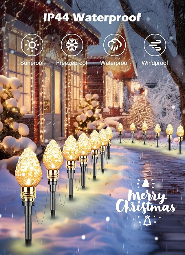 Brightown 2 Pack Strawberry C9 Christmas Pathway Lights Outdoor - Total 34.8 Feet 20 LED Christmas Walkway Lights, Christmas Lights Outdoor Decorations for Yard Lawn Holiday Outside, Warm White