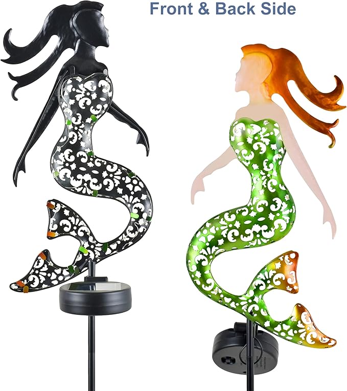 ARTER Solar Garden Stake Lights, Metal Mermaids Ocean Nautical Outdoor Waterproof Solar Pathway Lights with 3.6 Feet 22 LED Fairy Lights for Yard Patio Lawn Poolside, 37 Inches Tall (Pack of 2)