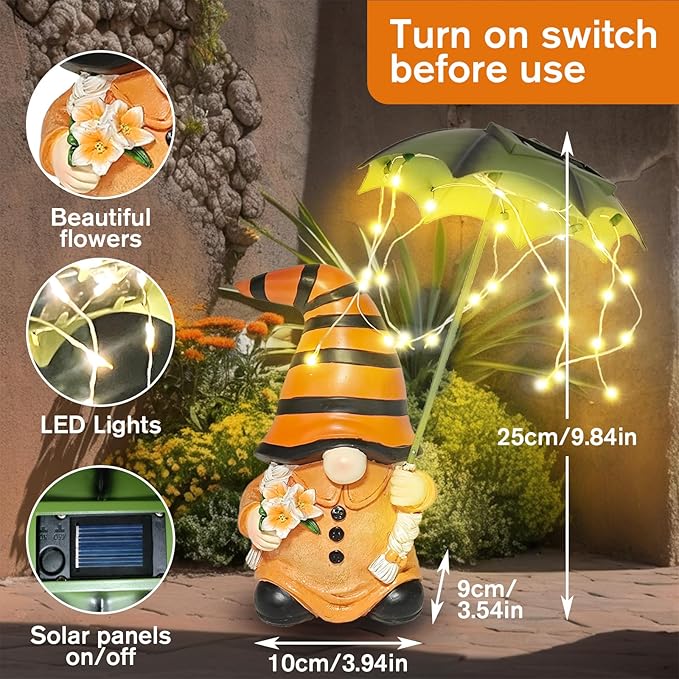 Garden Gnomes Outdoor Statues Decorations - Solar Gnome Figures with Umbrella Lights,Gnome Ornaments,Outside Patio Lawn Yard Art Decor,Funny Garden Gnomes Gifts for Women/Mom Birthdays