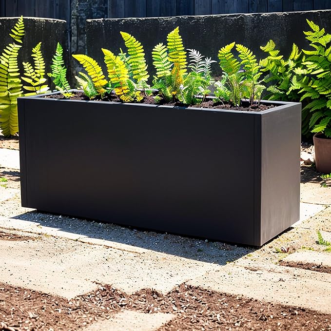 GSK Black Metal Planter Versatile Box with Drainage Holes Galvanized Painted Iron Flower Boxes for Indoor Outdoor Use Ideal Patio Balcony Garden Elevated Plant Bed