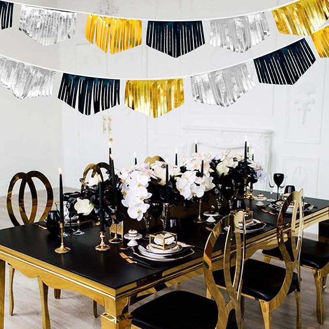 Black Silver Gold Tassel Banner Double Sided Metallic Fabric Pennant Bunting Flag Garland for Graduation Birthday Anniversary Bachelorette Engagement Wedding Bridal Shower Party Decorations Supplies