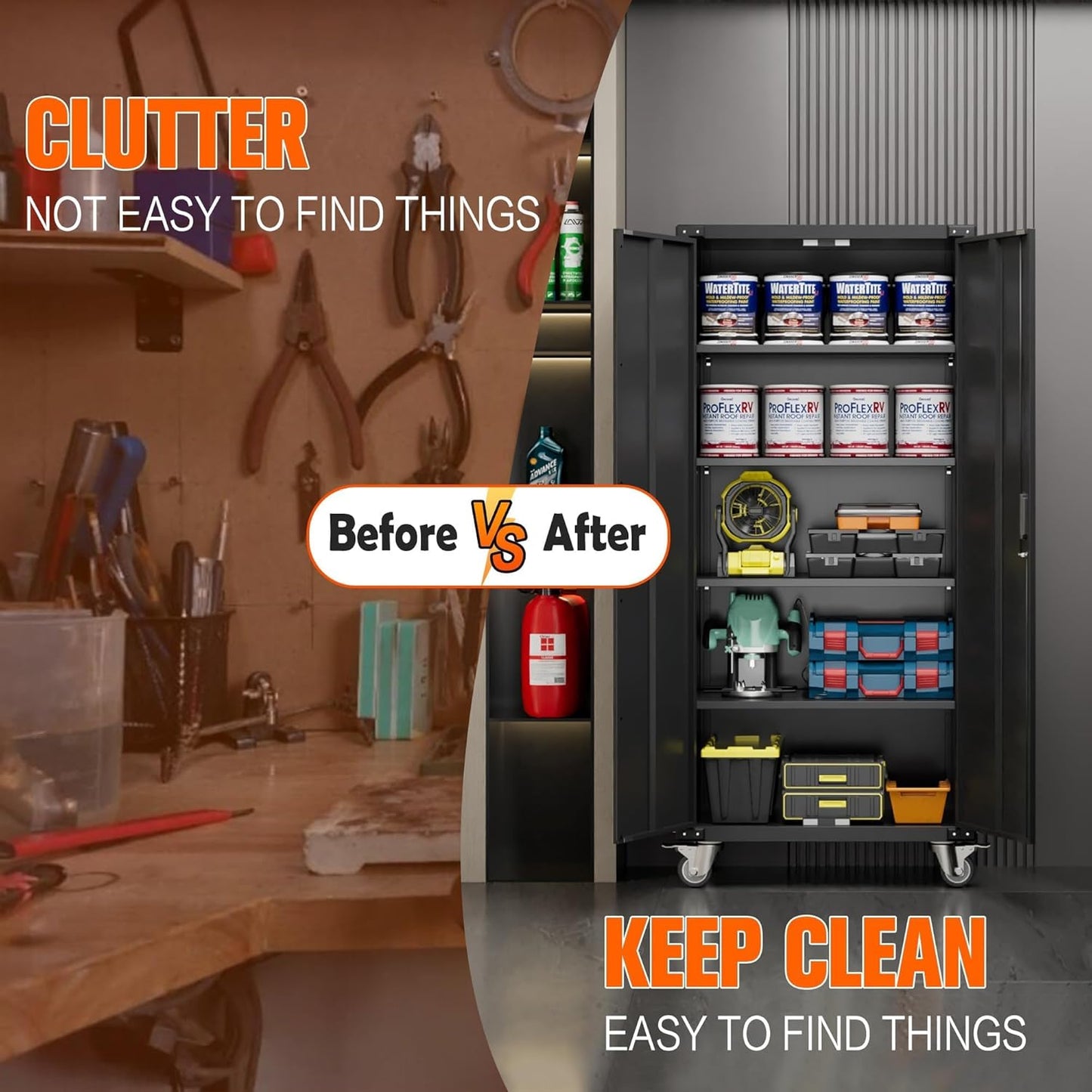 72" H Metal Storage Cabinet with 2 Doors and 4 Adjustable Shelves, Garage Storage Cabinet with Wheels for Garage Home, Required-Assembly,Black