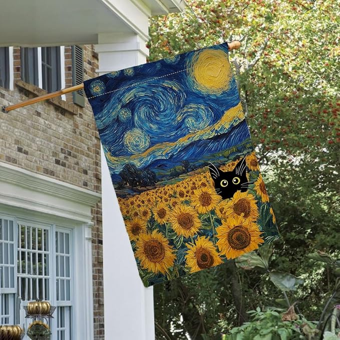 BLKWHT Summer Sunflower Cat House Flag 28x40 Vertical Double Sided Blue Sky Welcome Farmhouse Holiday Outside Decorations Burlap Yard Flag BW822-40