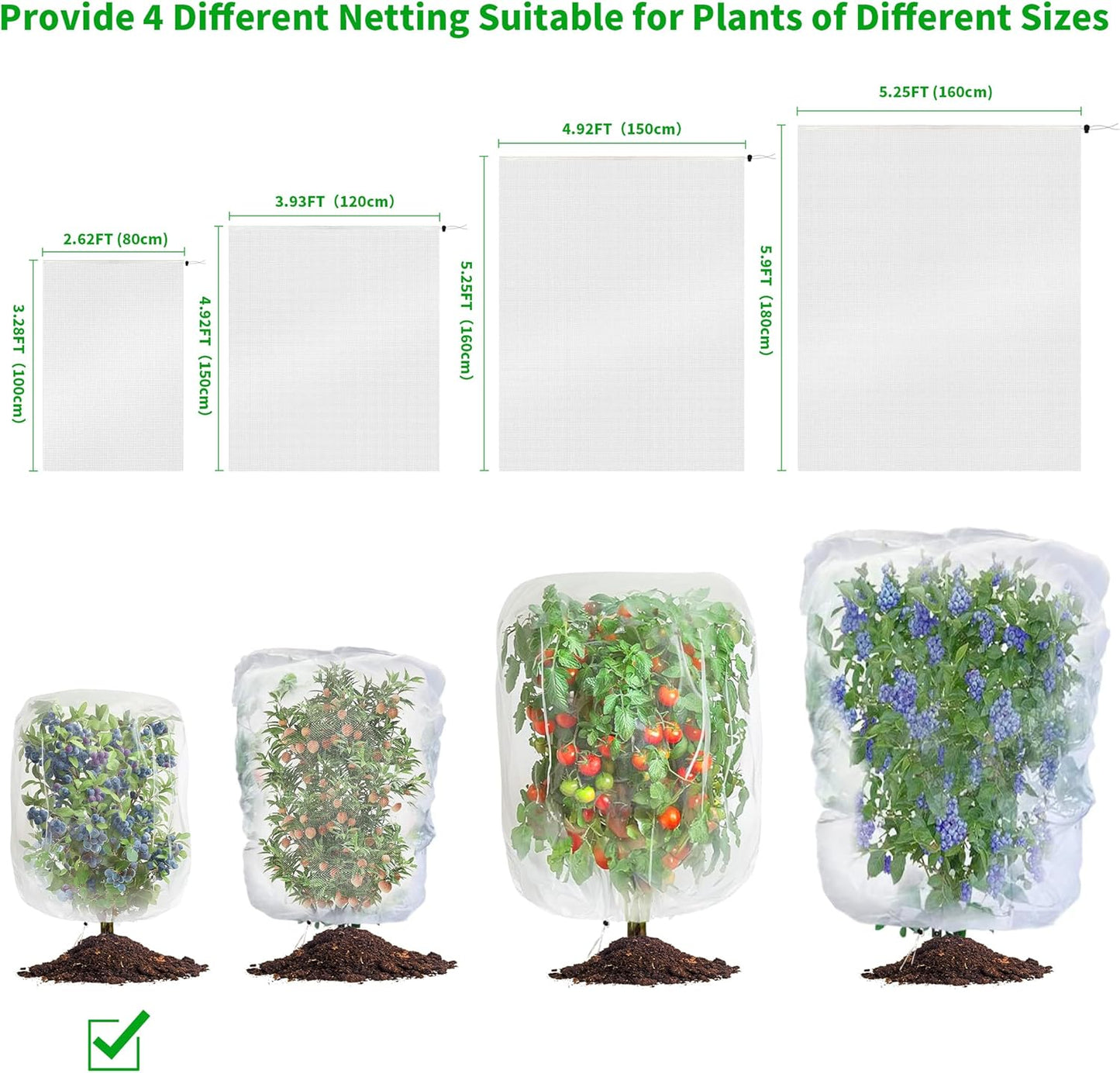 Garden Mesh Netting with Drawstring,Plants Cover Protection from Anti Birds,Bugs,Cicadas,and Insects-Pest Barrier Bag for Blueberry Bushes,Citrus,Tomatoes,Vegetables,Fruit Tree and Orange