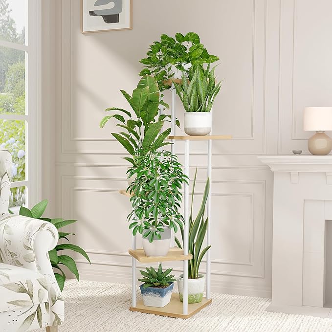 Bamworld Corner Plant Stand Indoor, Tall Metal Plant Shelf for Multiple Plants, 5 Tier Flower Stand for Patio Garden Balcony Living Room Bedroom(White)