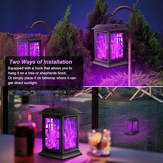 2 Pack Solar Flickering Flame Lanterns, Waterproof Hanging Outdoor Solar Lights for Garden, Patio, Yard, Pathway Decoration (Purple)