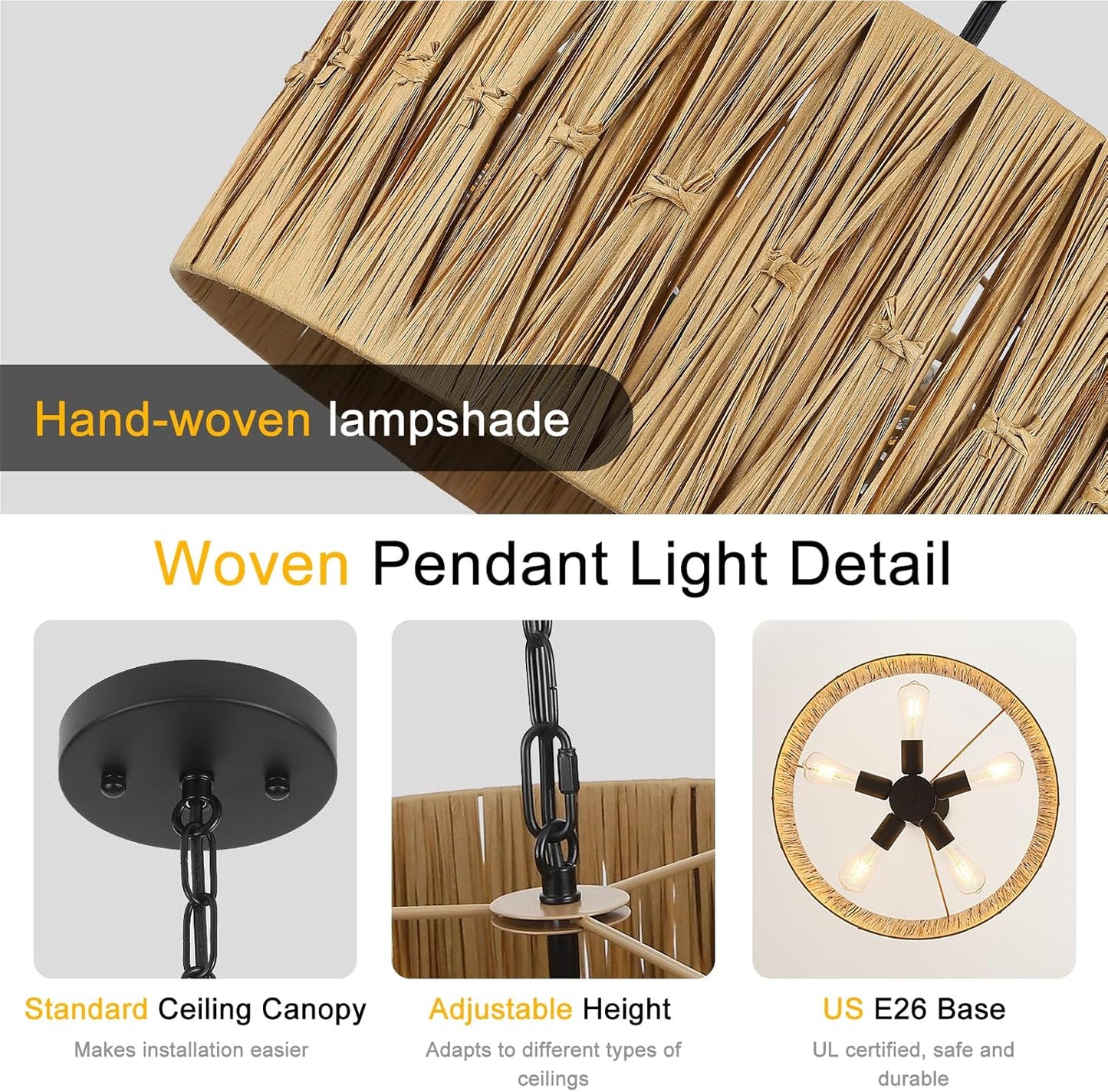 5-Light Boho Chandelier Light Fixture, 18.5" Large Raffia Drum Chandelier Hand Woven Coastal Pendant Light for Dining Room Kitchen Entryway Foyer Bedroom