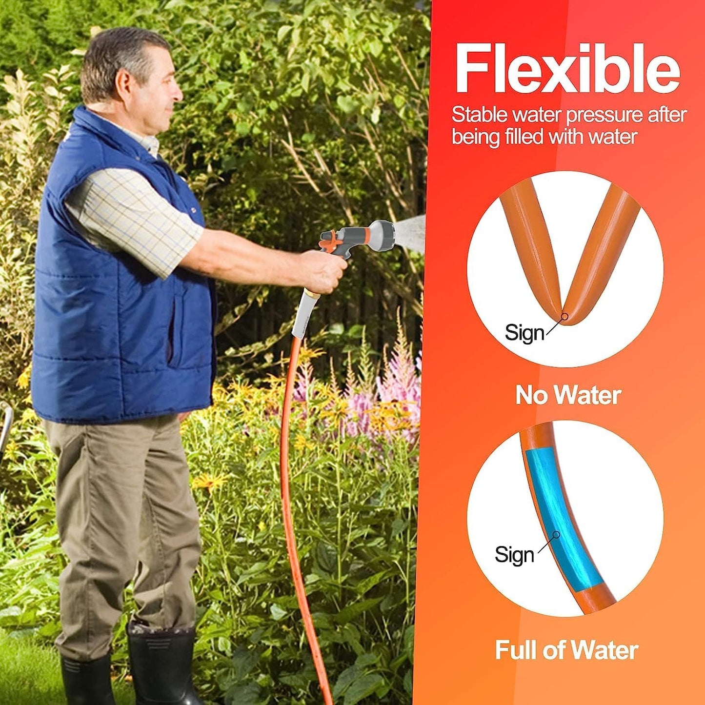 Garden Water Hose 15 ft x 5/8 in, Heavy Duty Leader Pipe Extension, Flexible, Lightweight Kink-less,Hybrid Rubber, with 3/4" Brass Fittings, Orange