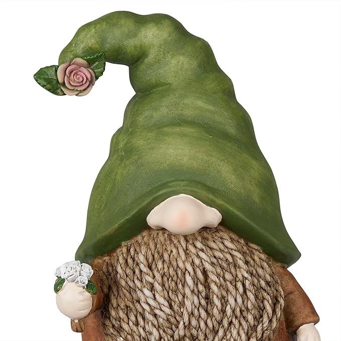 Alpine Corporation QWR1442 Gnome with Green Hat Holding a Flower, Playful Décor for Garden, Patio, & Lawn, 10" H, Multicolor