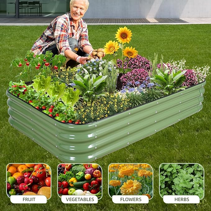 4-in-1 Modular Raised Garden Bed Kit - Adjustable Sizes (5x3x1ft, 4x4x1ft, 6x2x1ft, 7x1x1ft) - Heavy Duty Galvanized Steel Planter Box with Bracing Rods & Gloves for Vegetables, Fruits