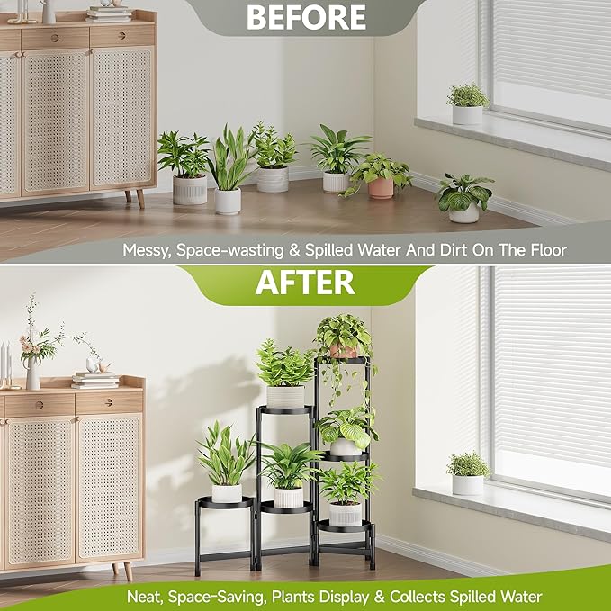 6 Tier Metal Plant Stand Indoor, Rotatable Corner Plant Shelf Outdoor, Tiered Flower Pot Display Stand, Black Multiple Plants Holder for Patio Living Room Balcony Garden Home Decor
