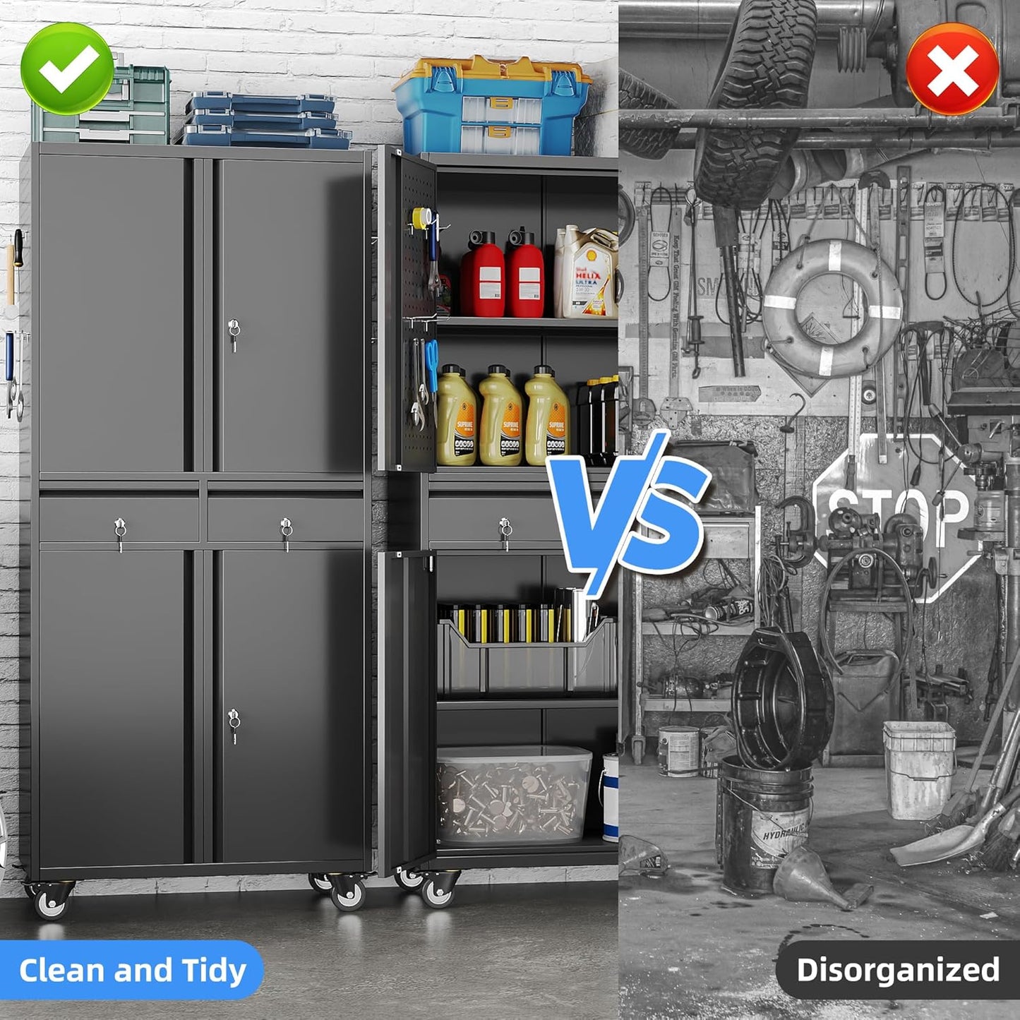 71''H Metal Garage Storage Cabinet with Wheels & 4 Pegboard,Rolling Tool Cabinet with Adjustable Shelves & 2 Lockable Drawer for Garage,Office,Home, Assembly Required,Black