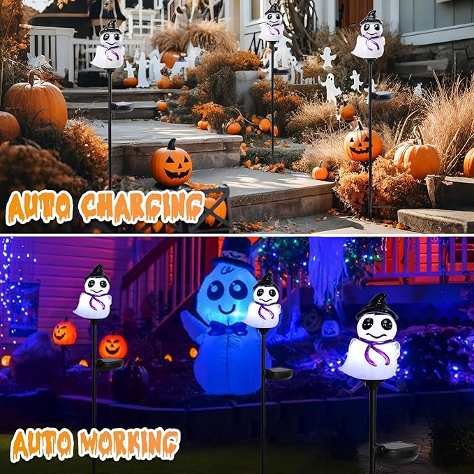 Afirst Halloween Ghosts Pathway Solar Lights Handblown Glass Waterproof Outdoor Halloween Decoration Solar LED Outdoor Décor Front Porch Decor 2 Pack