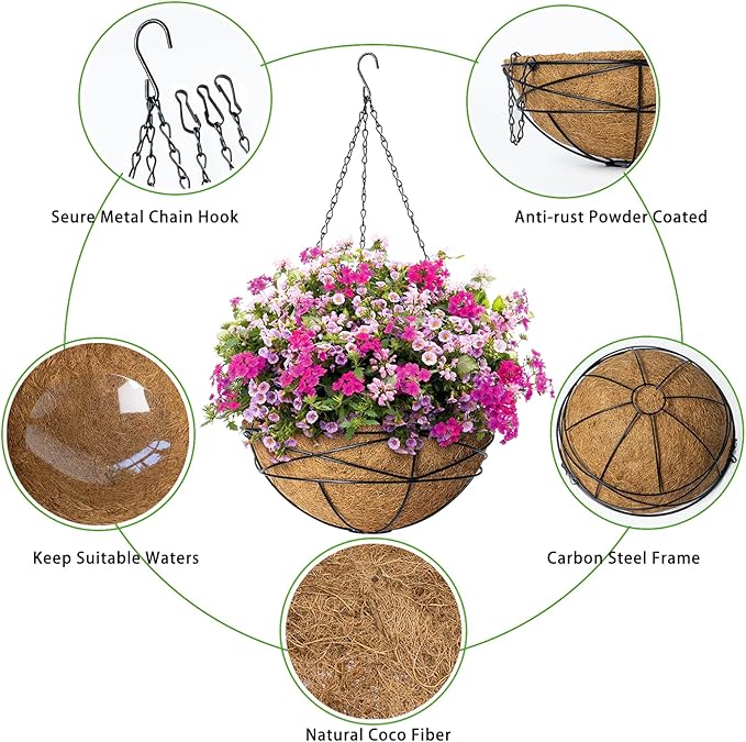 2 Pack 14 Inch Hanging Flower Baskets for Outdoor Plants Large Metal Wire Planters with Coco Liner Pot for Home Planting Round Watering Plant Holders for Outside Garden