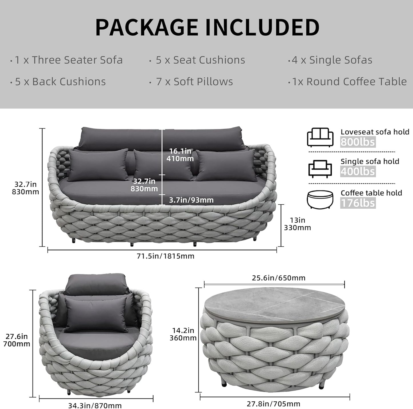 6-Piece Aluminum Patio Furniture Set, Modern Outdoor Conversation Set Sectional Sofa with Water Repellent Thick Cushions and Coffee Table for Balcony, Garden