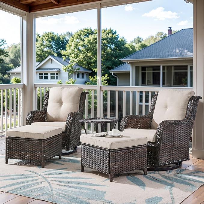 5 Pieces Patio Furniture Sets Wicker Outdoor Furniture, Rattan Patio Swivel Glider Chairs with 2 Ottoman and Glass Side Table