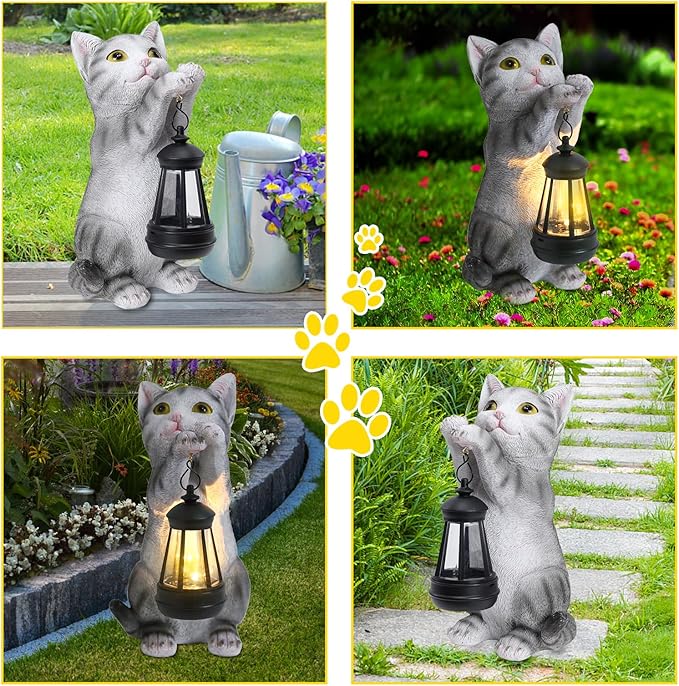 Afirst Solar Cat Statue Garden Decor, Outdoor Statue Decor with Solar Lantern Lovely Cat Figurine Patio Lawn Yard Art Ornaments Housewarming Gift