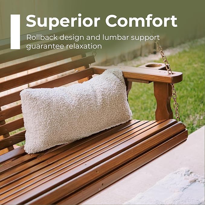 Amish Casual 4 Foot Roll Back Porch Swing with Cup Holders in Unfinished - Amish Made in The USA from Treated Pine Heavy Duty 700 Lb. Weight Capacity