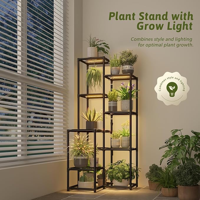 Gnetingbro Corner Plant Stand with Grow Lights Tall Plant Shelf Indoor Outdoor for Multiple Plants Metal Plant Ladder Rack Holder Display Flower Stand for Patio Porch Garden Living Room Black