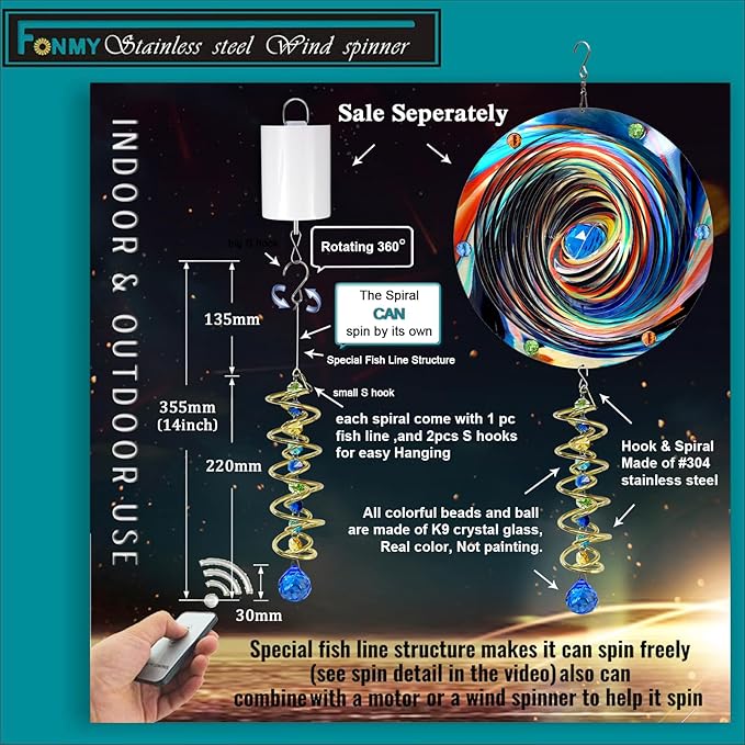 FONMY Gazing Ball Spiral Tail -Decorative Wind Spinner Sun Catcher Rainbow Maker Golden Double-Spiral W/Sea Blue Crystal Ball and Chain Crystals Beads for Indoor Outdoor Garden Decoration -14 inch H