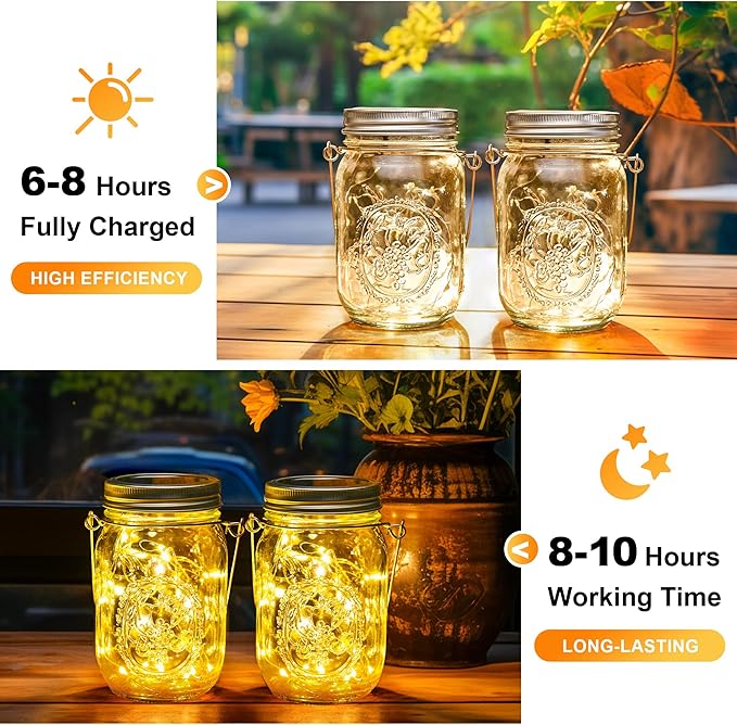 GIGALUMI Solar Mason Jar Lights, 12 Pack 30 Led String Fairy Lights Garden Lights Outdoor Waterproof Metal Lid Hanging Solar Lanterns for Outdoor, Garden, Patio, Lawn, Balcony Decoration