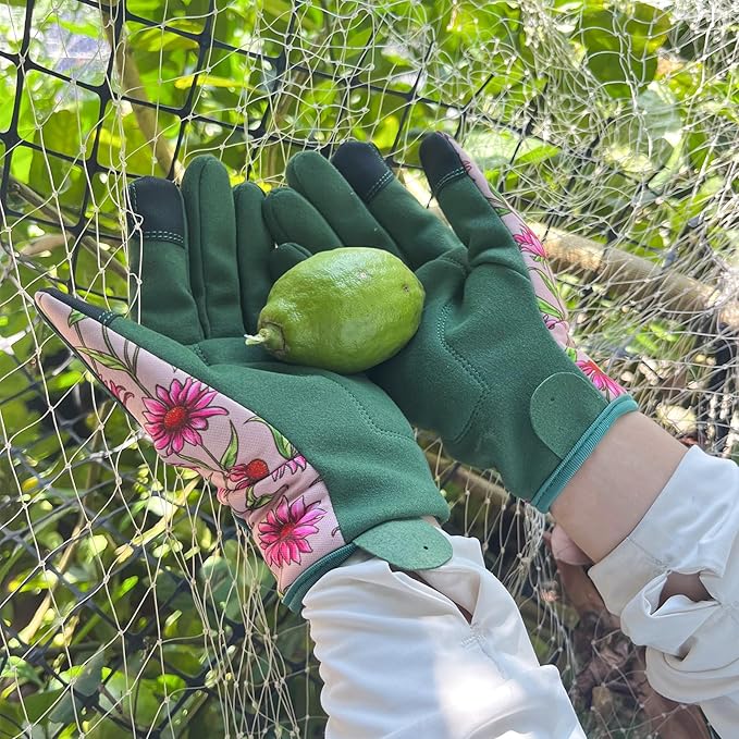 Gardening Gloves for Women, Garden Gloves with Touch Screen, Thorn Proof Puncture Resistant Working Gloves, Gardening Gifts for Women (Green with Pink Flowers, Medium)