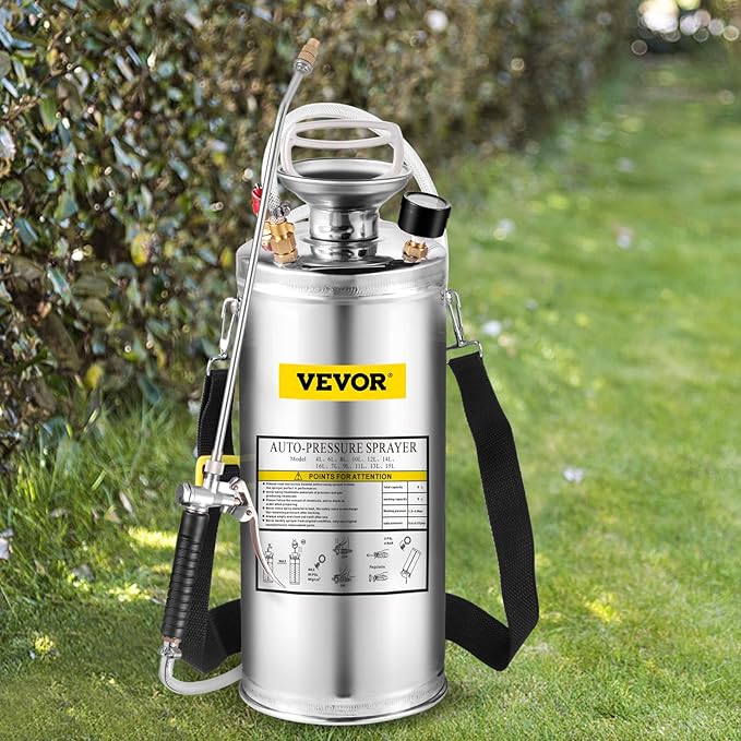 Happybuy 2 Gallon Stainless Steel Sprayer, 20" Wand & 3FT Reinforced Hose, Hand Pump Sprayer with Pressure Gauge, Safety Valve & Adjustable Nozzle, Weed Sprayers for Lawn, Gardening &Sanitizing1