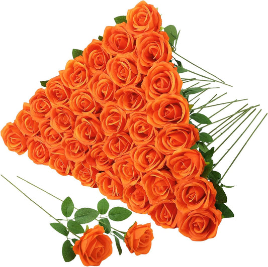 36 Pcs Orange Artificial Roses with Long Stems, Fake Silk Rose Artificial Flowers Bulk for Bridal Wedding Bouquet Centerpiece Ball Arrangement Party Decor