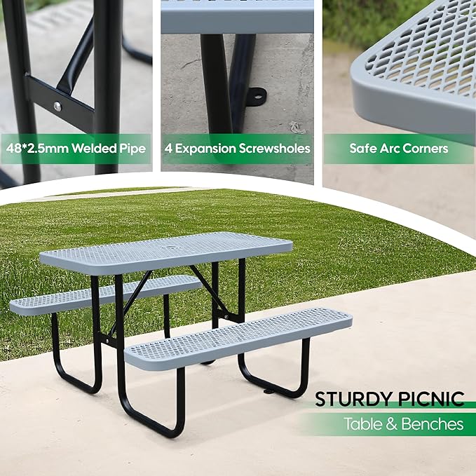 6FT Metal Picnic Tables for Outdoors, Commercial Rectangular Picnic Table and Bench Set for Outside, Patio, Garden, Backyard, Porch, Surface Mount, Grey