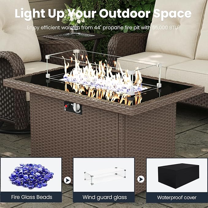 7 Pieces Outdoor Patio Furniture Sets with Rocking Swivel Chairs with 6-inch Thick Cushion and Fire Pit Table for Deck Lawn