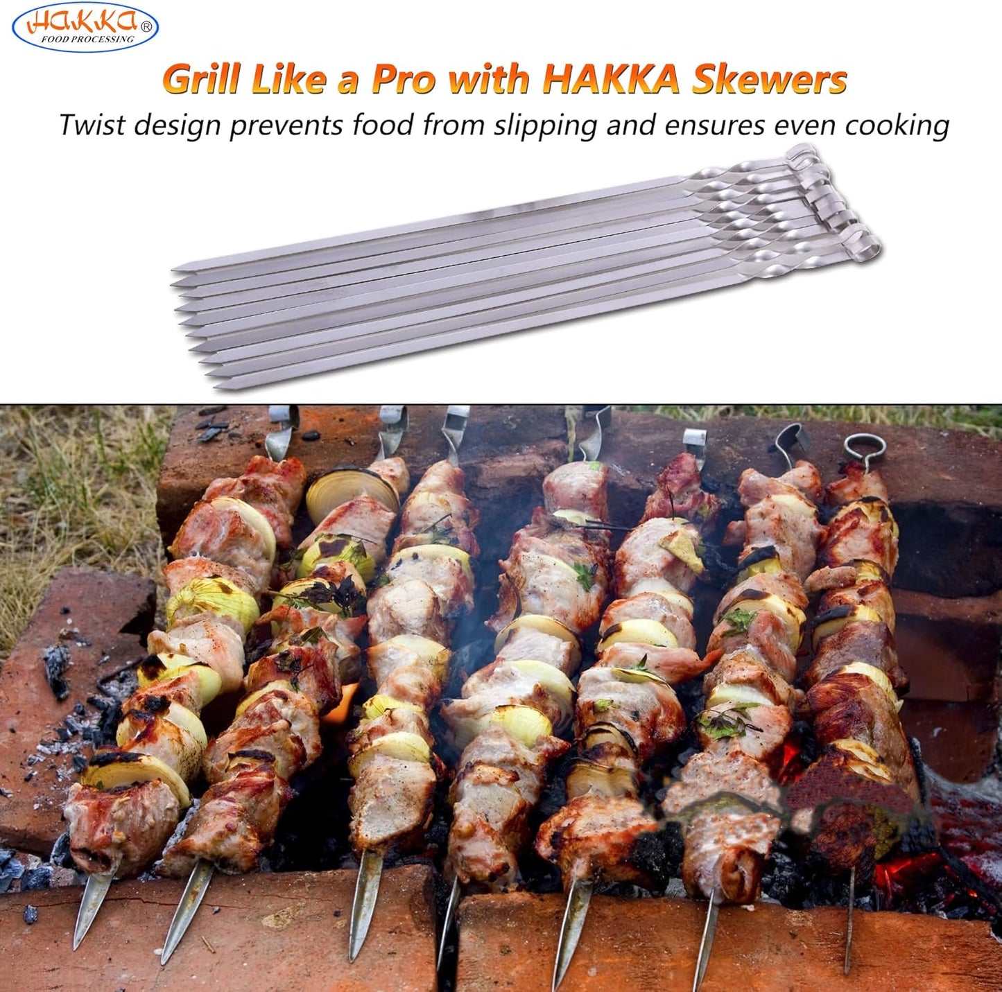 Hakka Stainless Steel Barbecue Skewers, 23" Heavy Duty Metal Skewers Large Wide Grilling Reusable Kabob Sticks with NonSlip Ring Handle,Set of 10