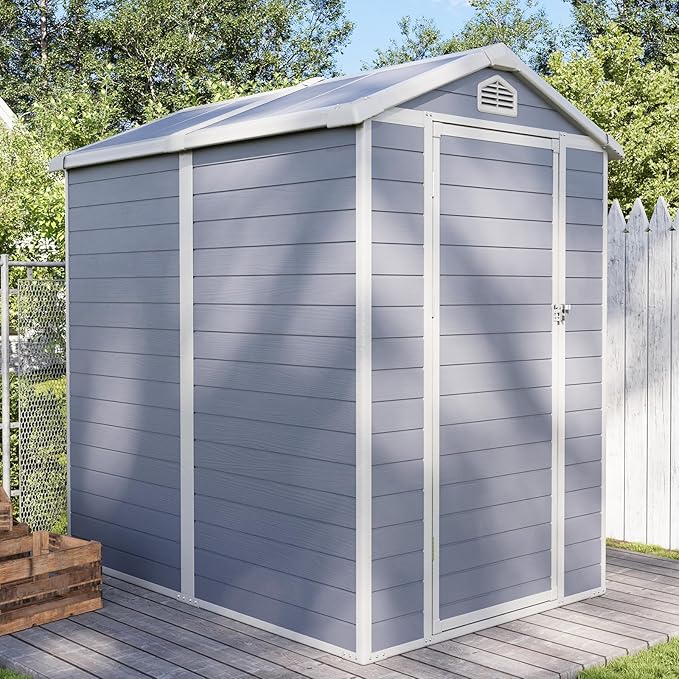 Aoxun 6.3 X 4.2 FT Resin Storage Shed Outdoor Plastic Large Garden Shed with Lockable Door, Floor for Backyard, Garden, Patio, Lawn, Grey (Grey, 6.3 x 4.4)