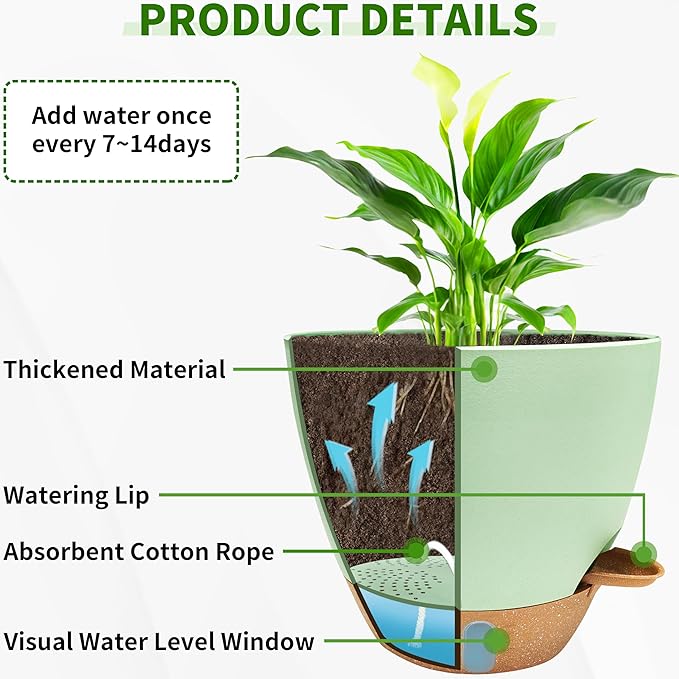 12/10/9/8 inch Self Watering Pots with Visual Water Window, Extra Large Self Watering Plant Pot with Drainage Holes and Saucers, Green Flower Pots for Indoor Plants