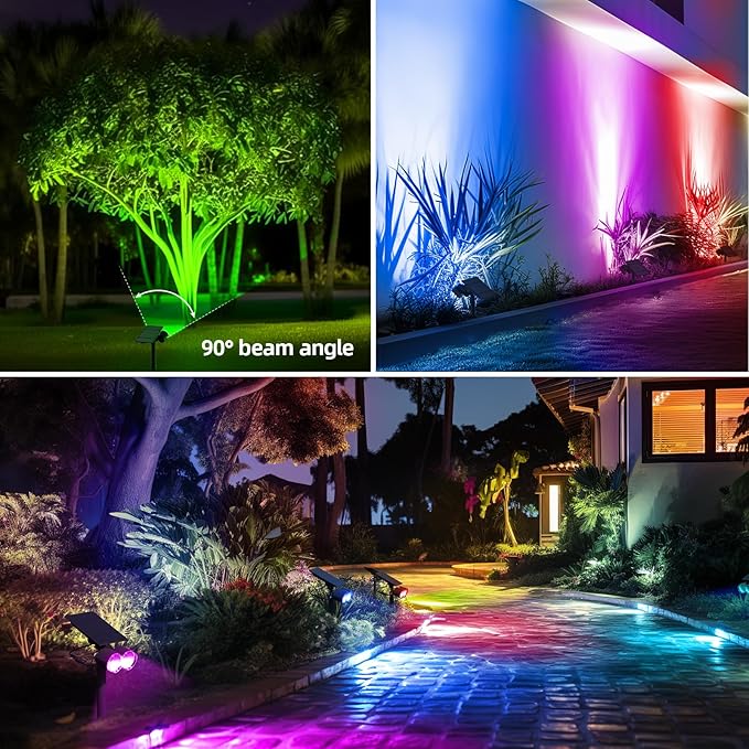 Barrina Solar Spot Lights Outdoor, 360° Horizontal Adjustable, 24 LEDs RGB Color Changing Solar Spotlight, IP65 Waterproof, Auto On/Off Solar Powered Landscape Lights for Outside Garden Yard, 2 Pack