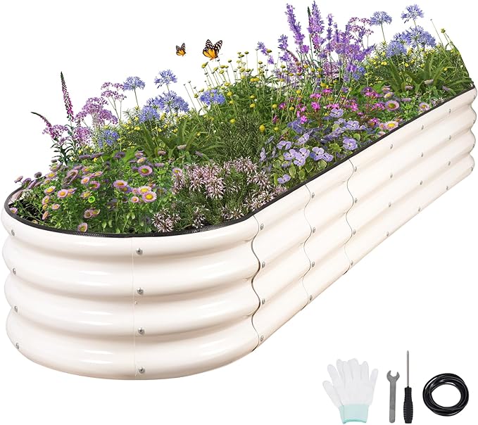 Galvanized Raised Garden Bed - 8x2x1FT Metal Planter Boxes Outdoor | Oval Steel Raised Bed Kit for Gardening with Protective Tape, Bracing Rods, Gloves for Vegetables, Flower, Herb (White)
