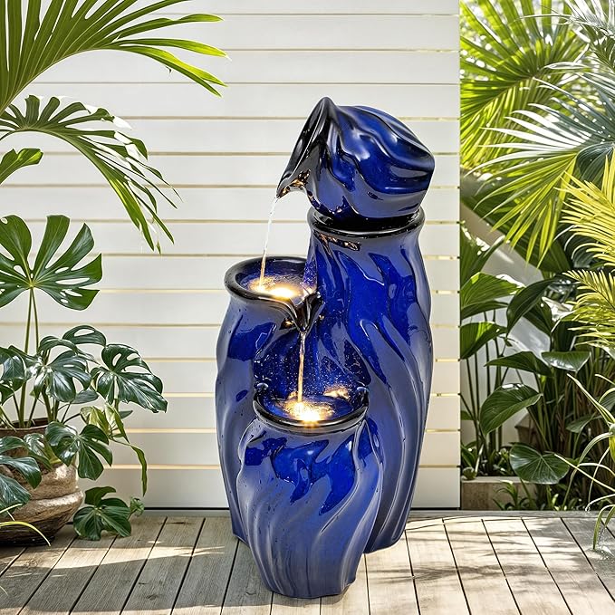 29" Tall Ceramic Water Fountain Outdoor with LED Lights, 4-Tier Cascading Waterfall Garden Fountain, Ideal for Serene Relaxing Patio, Yard or Porch, Cobalt Blue Glaze, Dynamic Wave-Texture