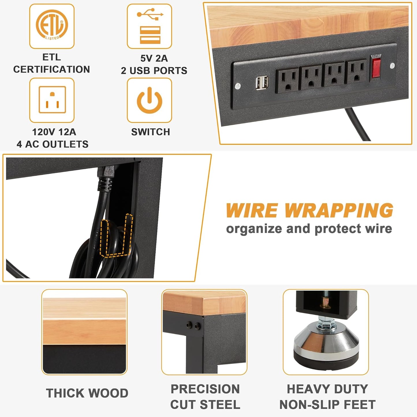 HABUTWAY Height Adjustable Workbench 60" 2000 Lbs Capacity Solid Wood Work Station Heavy-Duty Work Tables with Power Outlets for Garage Party Shop Office