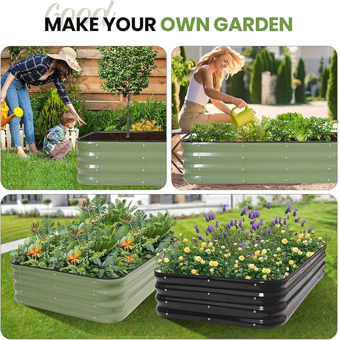 G GOOD GAIN 4-in-1 Adjustable Raised Garden Bed Kit | Galvanized Planter Boxes for Vegetables, Flowers | 12" Tall, Multiple Sizes (5x3x1ft, 4x4x1ft, 6x2x1ft, 7x1x1ft) | Outdoor Metal Raised Bed, Green
