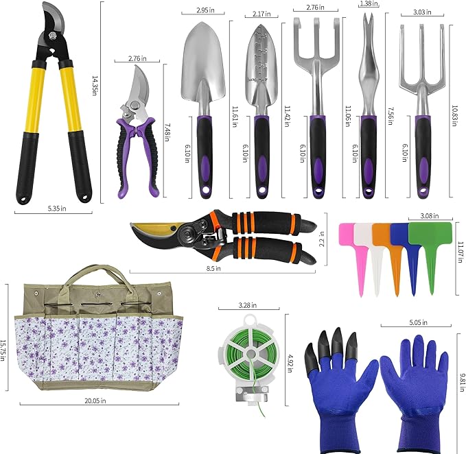 Gardening Tools – 42 Piece Premium Gardening Tool Set,Heavy Duty Hand Tools with Fashion Garden Tools Organizer Handbag,Rust-Proof Gardening Tool Kit, Ideal Gardening Gifts for Women((Purple Floral)