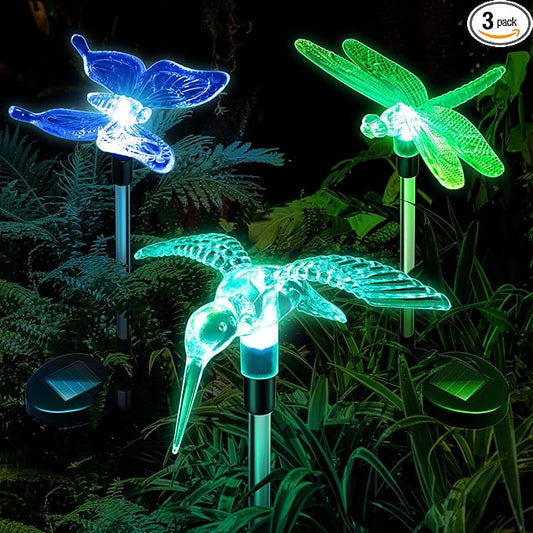 Anordsem Solar Garden Lights Outdoor: 3 Waterproof PVC Insect Light Heads - Changeable Color LED Stake for Homeowners Patio Decoration - Gardening Gifts for Garden Enthusiasts