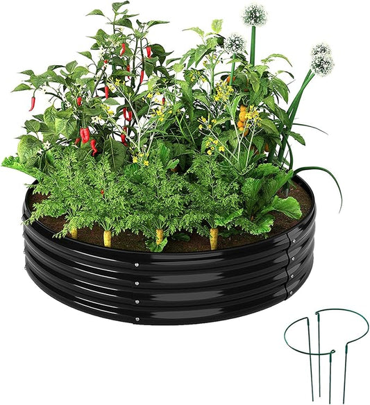 Galvanized Metal Planter Round Raised Garden Bed Kit for Gardening Outdoor，2x2x1ft Grow Garden Box Raised Flower Bed，Round Galvanized Planter Outdoor Metal Fire Pit Ring Black