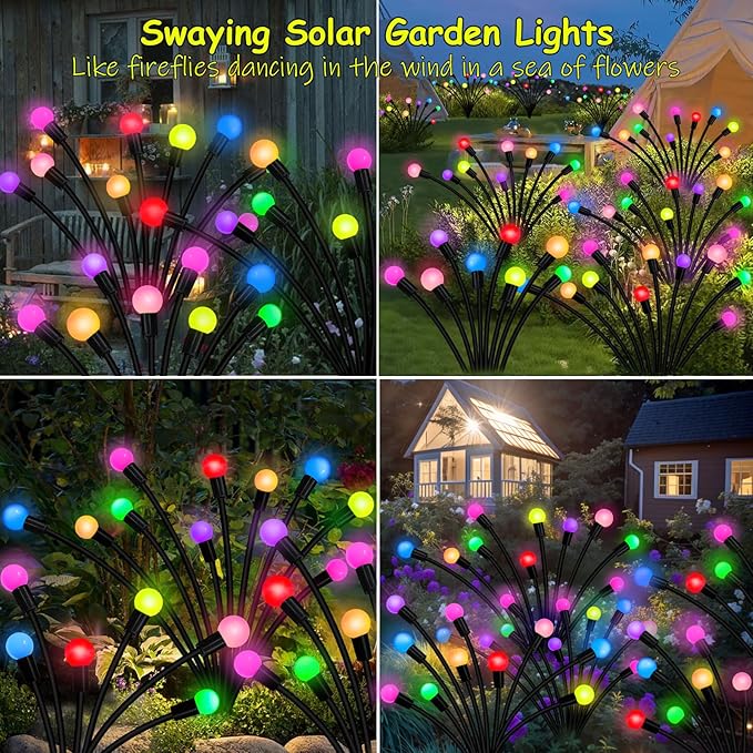 4 Pack 40 LED Solar Firefly Lights,2 Pack Multicolor+2 Pack Blue