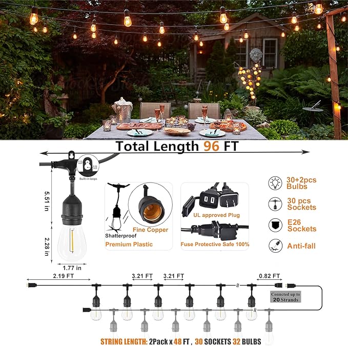 Achin Outdoor String Lights 96FT(48FT*2) Waterproof IP65 LED Patio Lights with 30+2 S14 Edison Bulbs Warm 2200K Hanging Lights Outside Shatterproof String Lights for Outside Bistro, Market, Yard