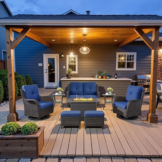 8 Piece Outdoor Patio Furniture Set - 41" CSA Propane Fire Pit Table Patio Conversation Set with Swivel Rocker Outdoor Chairs, Wicker loveseat and Ottoman for Outside Casual Gathering